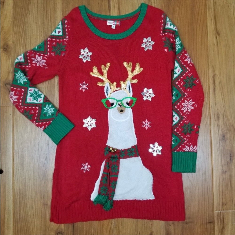 Festive Red Llama Sweater with Green Accents